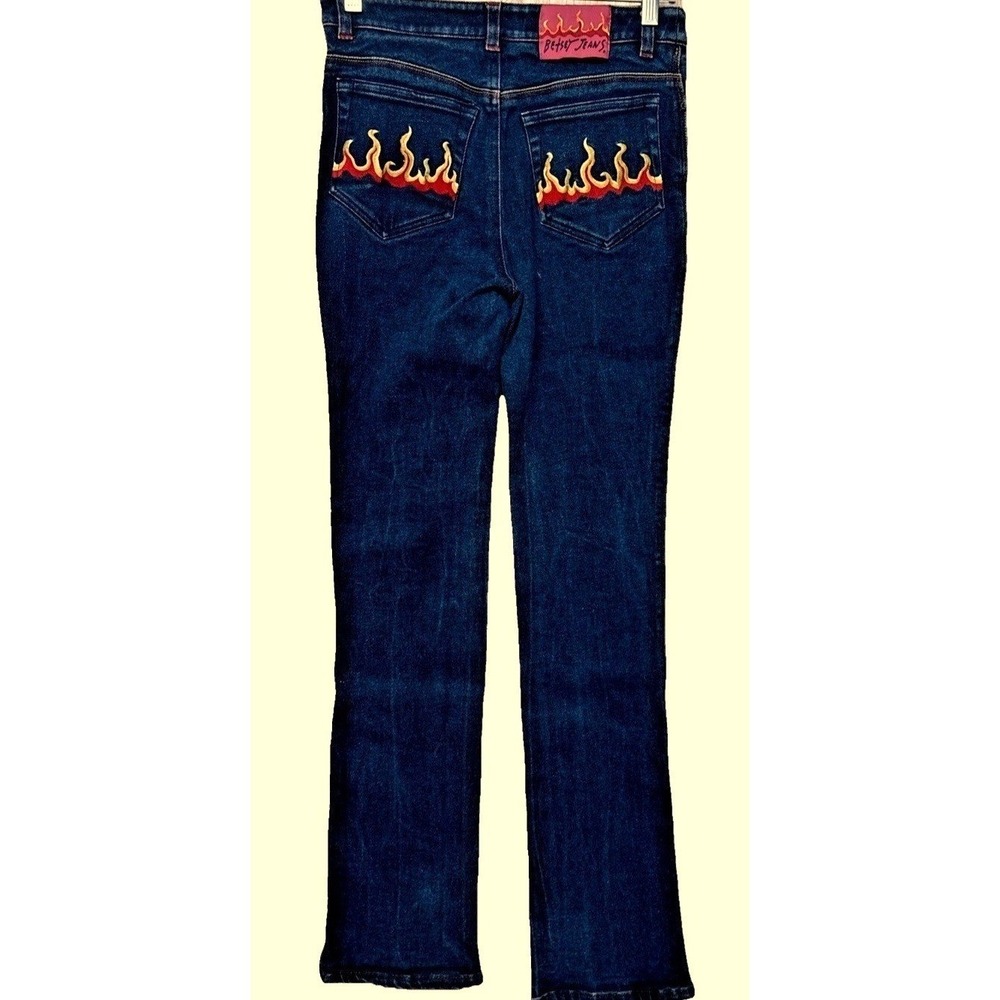 Vintage Betsey Johnson Flame‎ Embroidered Straight Leg Denim Blue Jeans Womens S